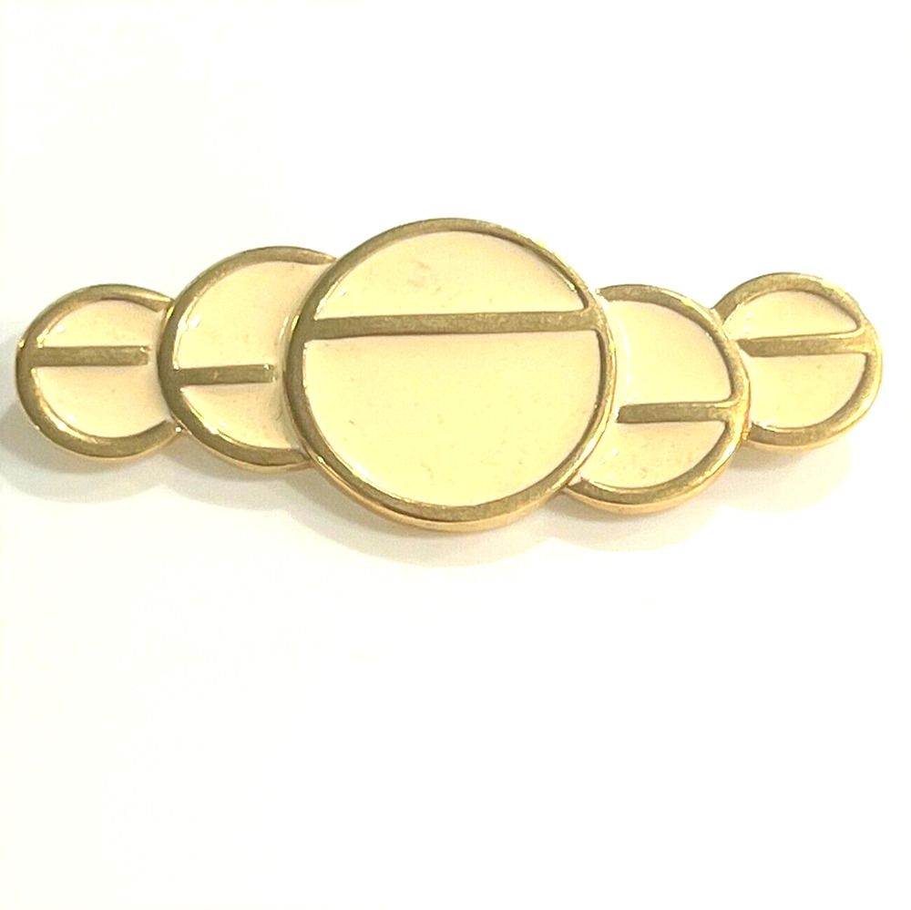 Vintage 1980s Monet Brooch Gold Tone Cream Enamel Circles Bar Pin